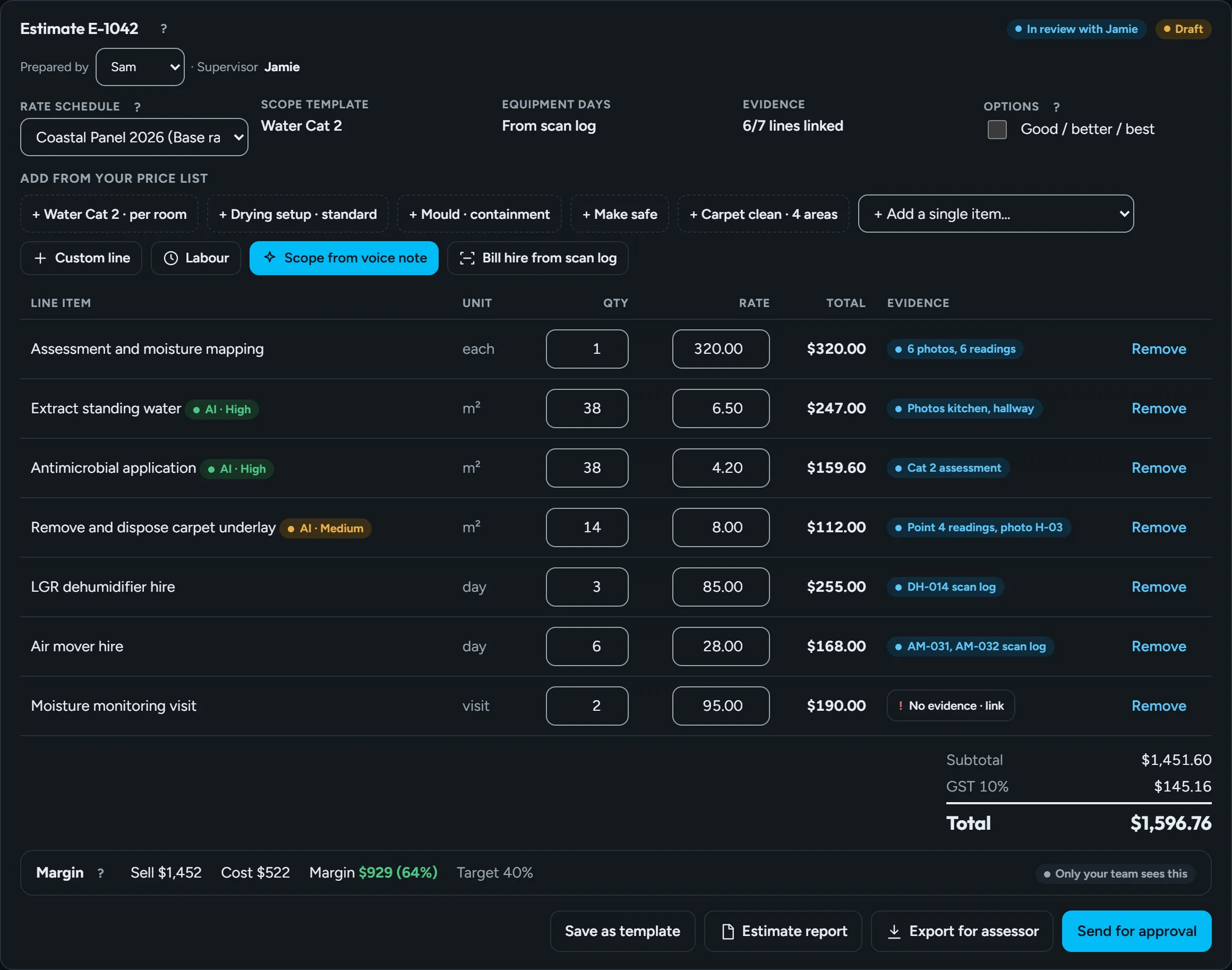 Estimate with recipes, client rate schedule, evidence links and GST totals